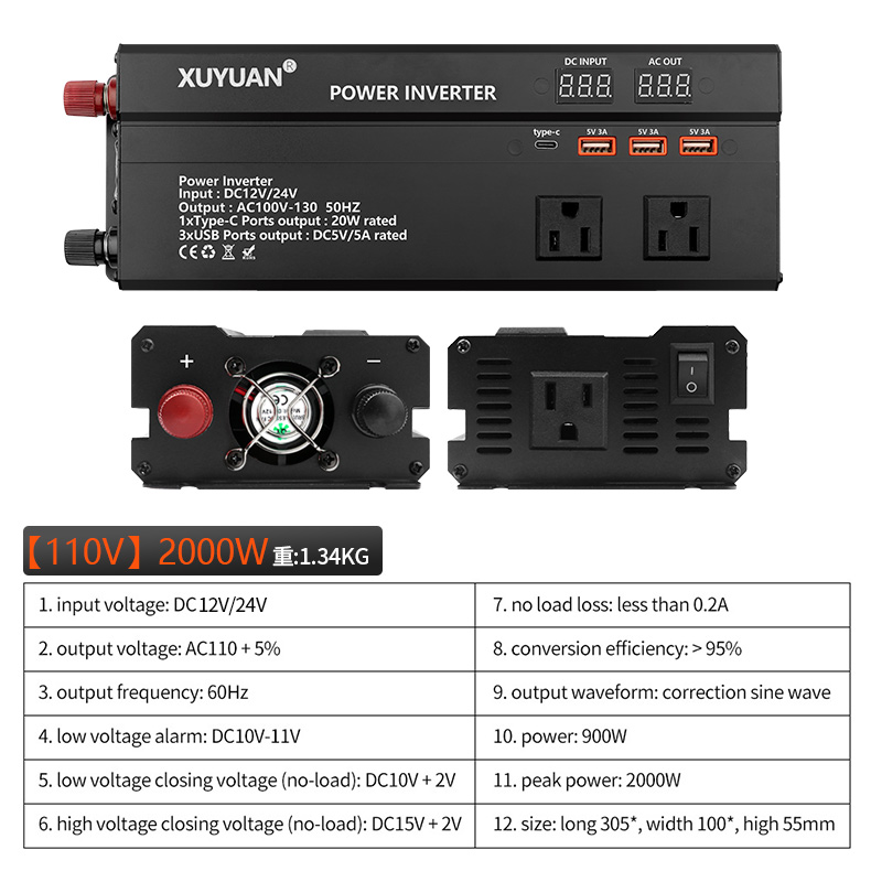 JahyElec 2000W Pure Sine Wave Power Inverter Universal DC 12V/24V to AC 110V 2-in-1 with LED Display 1Type-C 3 USB Ports