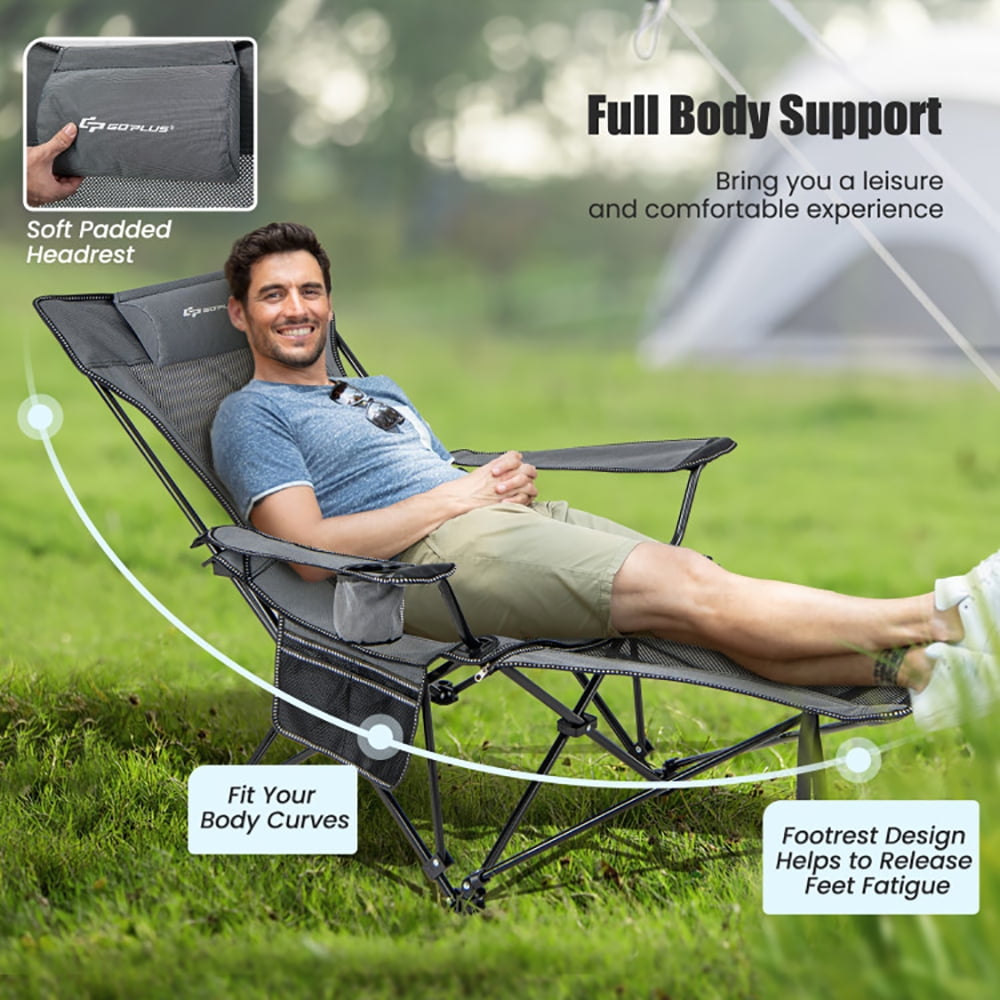 Aimee Lii Camping Lounge Chair with Detachable Footrest Adjustable Backrest, Portable Folding Chair, Gray