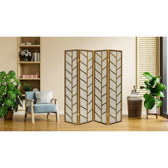 4 Panels Room Divider Screen with Jute Insert Geometric Cutout Wood 71” High x 70” Wide