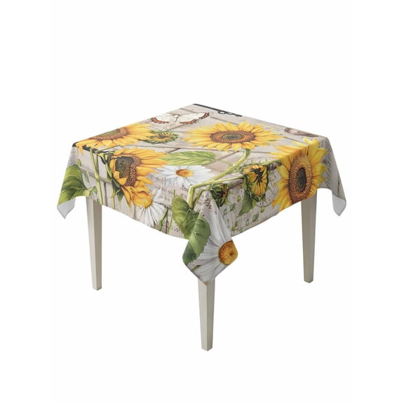 Farm Flowers Suqare Tablecloth - 60 x 60 Inch, Retro Sunflowers Barn Doors Butterfly Wood Board Waterproof & StainResistant Tablecloth, Washable Oil-proof Table Cover for Dining/Party/Wedding/Buffet