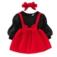 thumbnail image 2 of Wuxian Kids Christmas Outfit Puff Sleeve Cute Bow Ruffle Skirt Suspender Dress With Headbands Stylish Fall Winter Outfits,Black,9-12 Months, 2 of 6