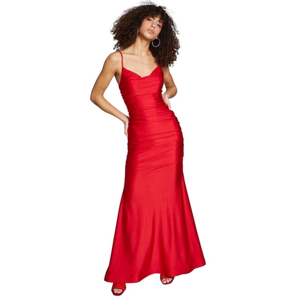 B. DARLIN Womens Satin Ruched Evening Gown Dress, Red, Juniors, 9/10