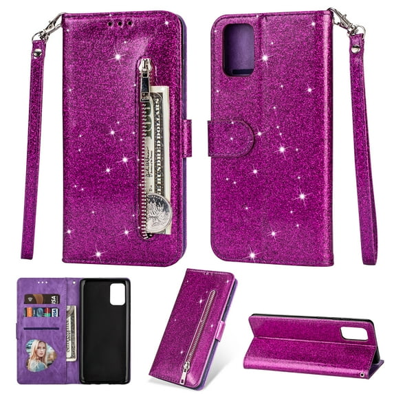 Allytech Galaxy A51 Case (5G Version), Bling Design Folio Flip PU Leather Folding Stand Magnetic Closure Defender Shockproof Cards Slots Glitter Wallet Case Cover for Samsung Galaxy A51 5G,Purple