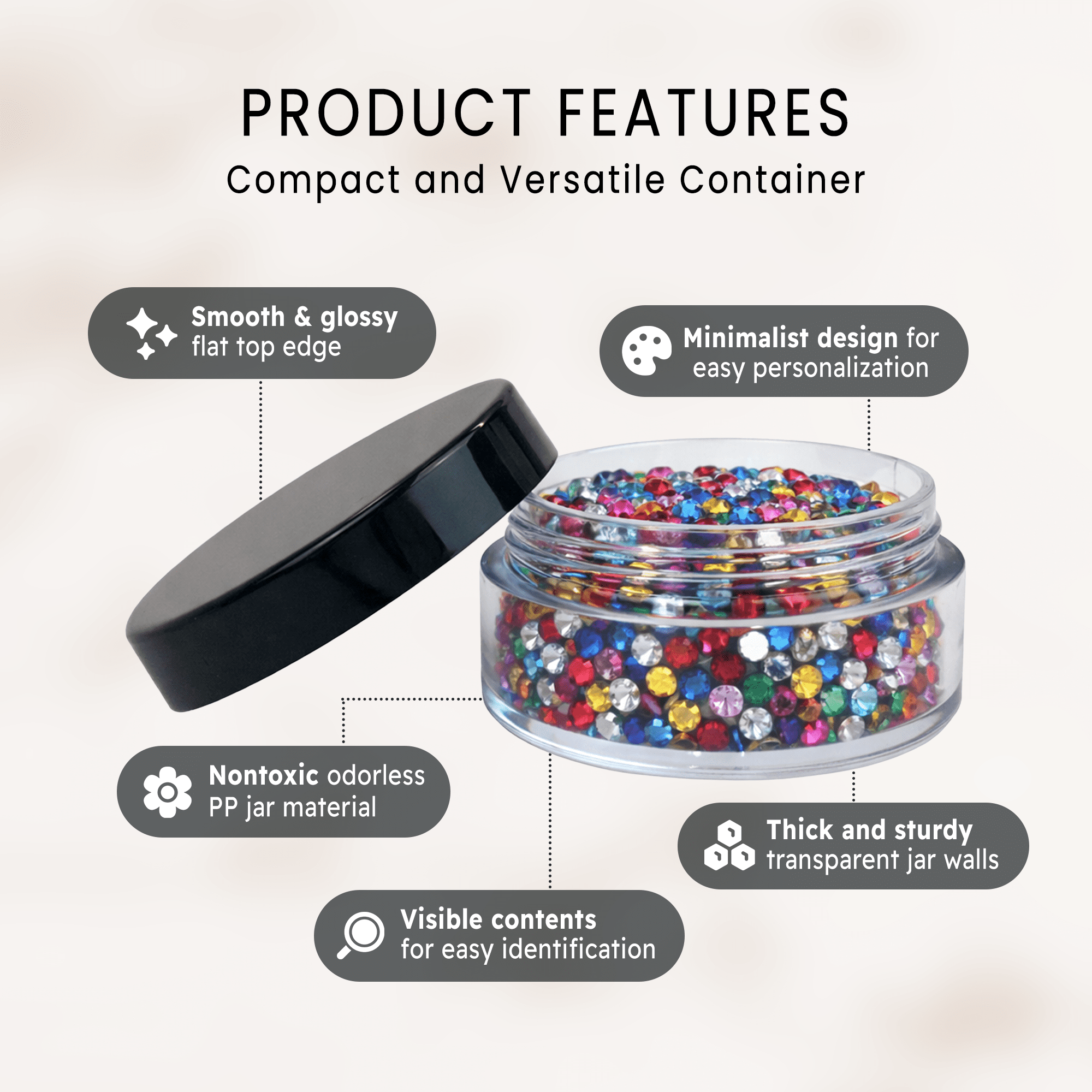 Beauticom 1000 Pieces High Quality 10 Gram 10 ml (0.3 oz) Plastic Clear Round Cream Lotion Beauty Sample Jars (Black Lids)