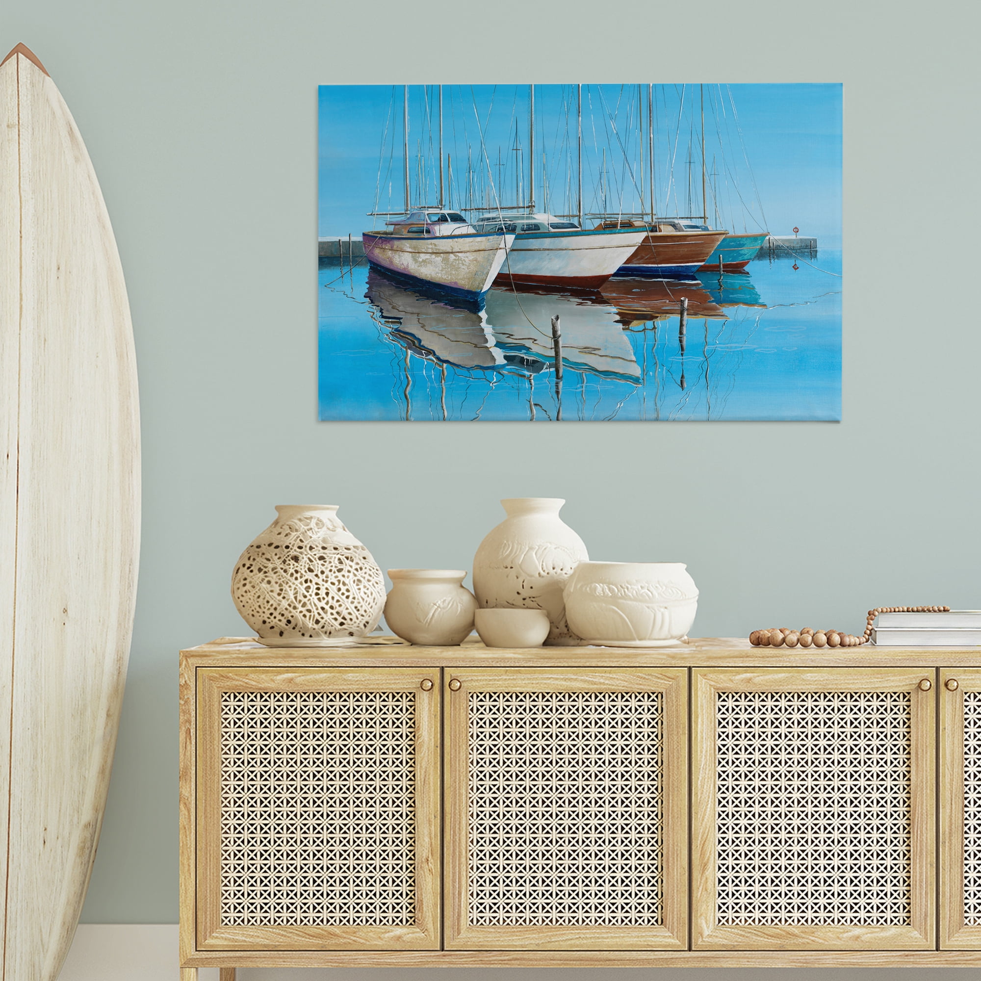 Stupell Industries Four Docked Boats Reflection Transportation Painting Wrapped Canvas Art Print Wall Art, 45 x 30