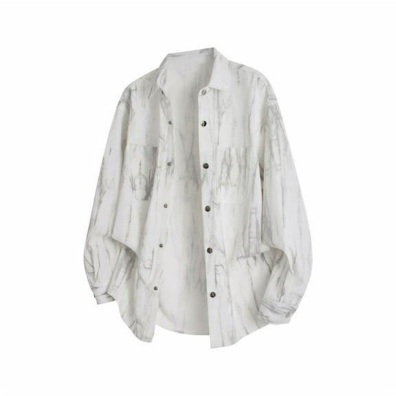 Men's Shirts Tie Dye Print Long Sleeve Turndown Collar Button Down Loose Casual Cardigan Tops With 2 Pockets (XL, White)