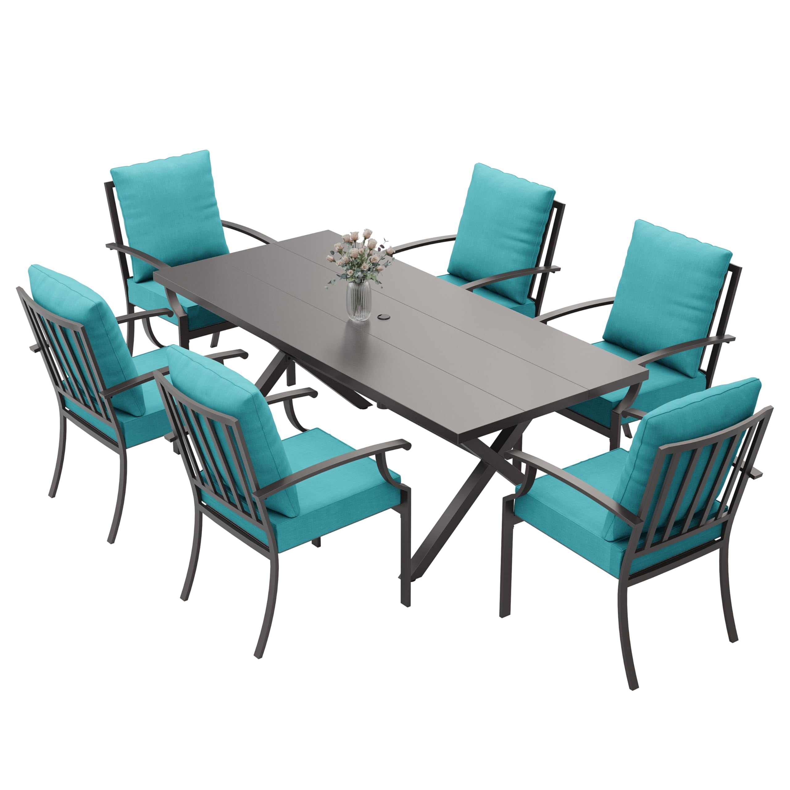 ALAULM 7-Piece Outdoor Patio Dining Set with Rectangle Metal Table and Chairs, Blue