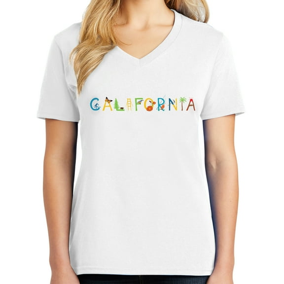 California Sign logo Ladies Big Size Core Cotton V neck T-Shirt - White XL