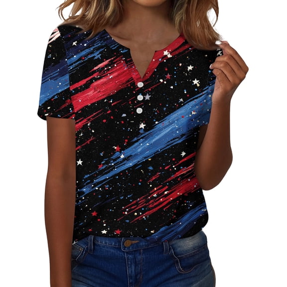 Womens Patriotic V Neck Tee Independence Day Print Short Sleeve Decorative Button Casual Top Breathable Fabric