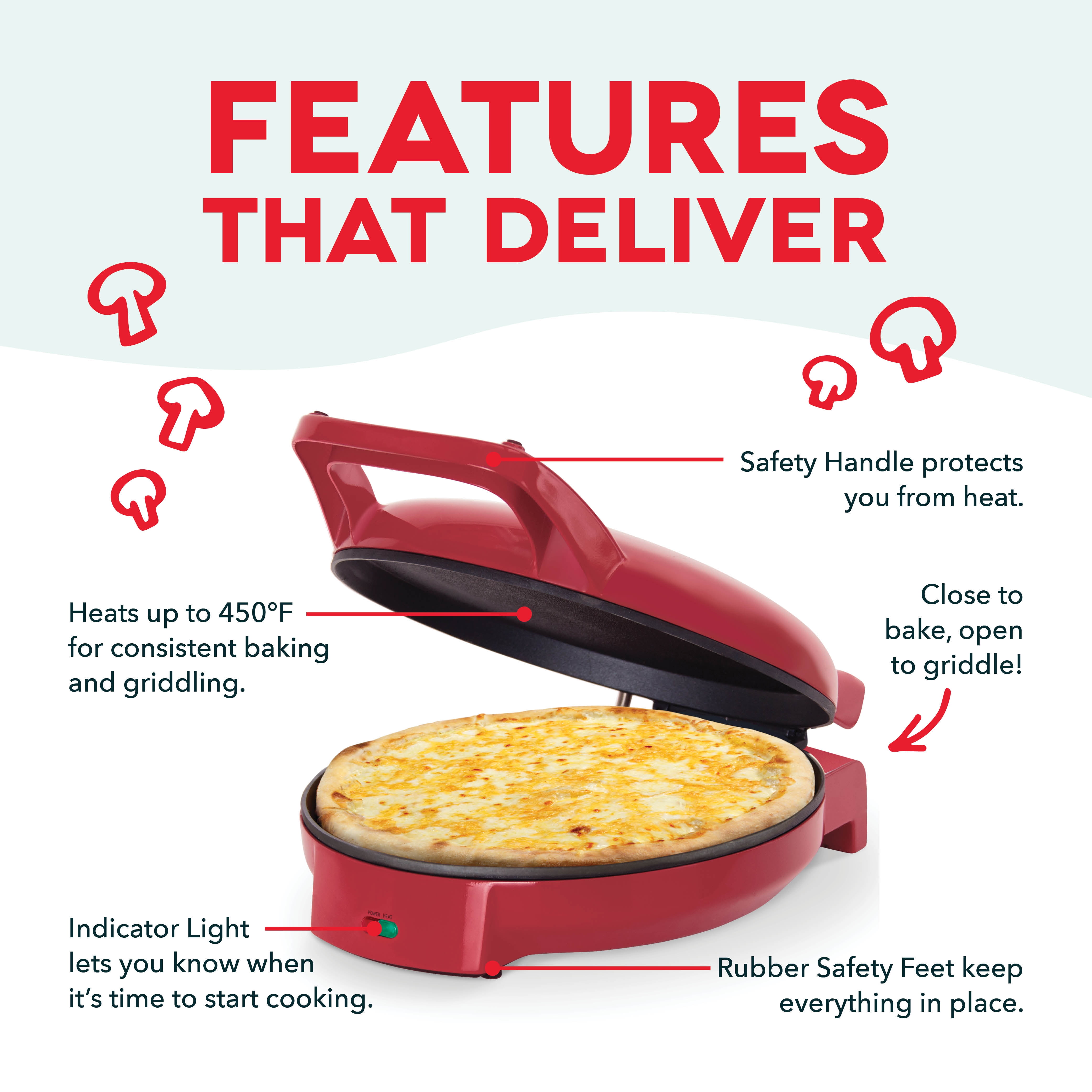 Dash 12" Pizza Griddle, Red - Personal Pizza Maker with Dual Cooking Surfaces, Nonstick & 450°F Heat