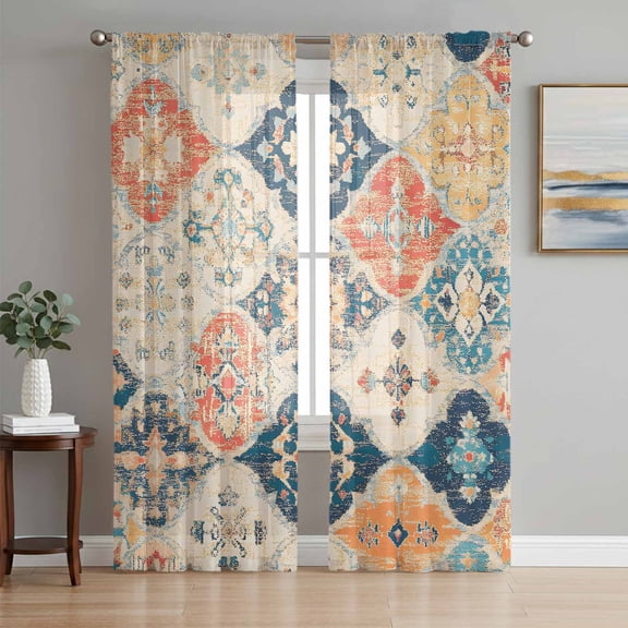 Retro Morocco Sheer Curtains 63 Inch Length 2 Panels Set, Colorful Rustic Abstract Shabby Texture Voile Window Treatment Rod Pocket Curtains Sheers Drapes for Bedroom/Living Room/Kitchen 52x"63"x2