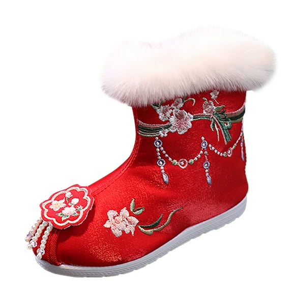 Generic Shoes Cotton Boots for Girl Winter Vintage Embroidered Cloth Boots Plush Inside Of Hanfu Children Shoes Breathable Walking Shoe for Toddlers/Little Kid/Big Kid ﻿(5-5.5 Years,Red)