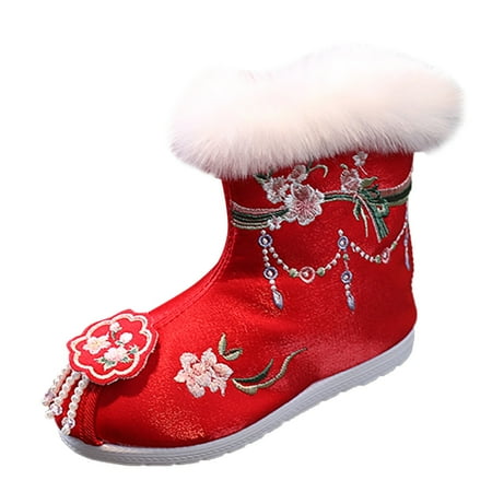 

nsendm Suede Boots Size 5 Cotton Boots For Girl Winter Vintage Embroidered Cloth Boots Plush Inside Of Quilted Boots Shoes Red 4 Years