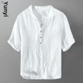 thumbnail image 4 of Camiseta de lino de manga corta de estilo chino de verano para hombre, holgada, fina, con cuello en V, estilo vintage, informal, de media manga, 4 of 4
