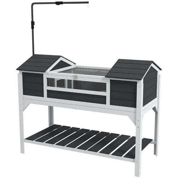 Topcobe Tortoise Enclosure Tortoise House with Adjustable Lamp Holder Storage Shelf, Dual Main Houses, Openable Lid, Outdoor Wooden Pet Shelter, Gray