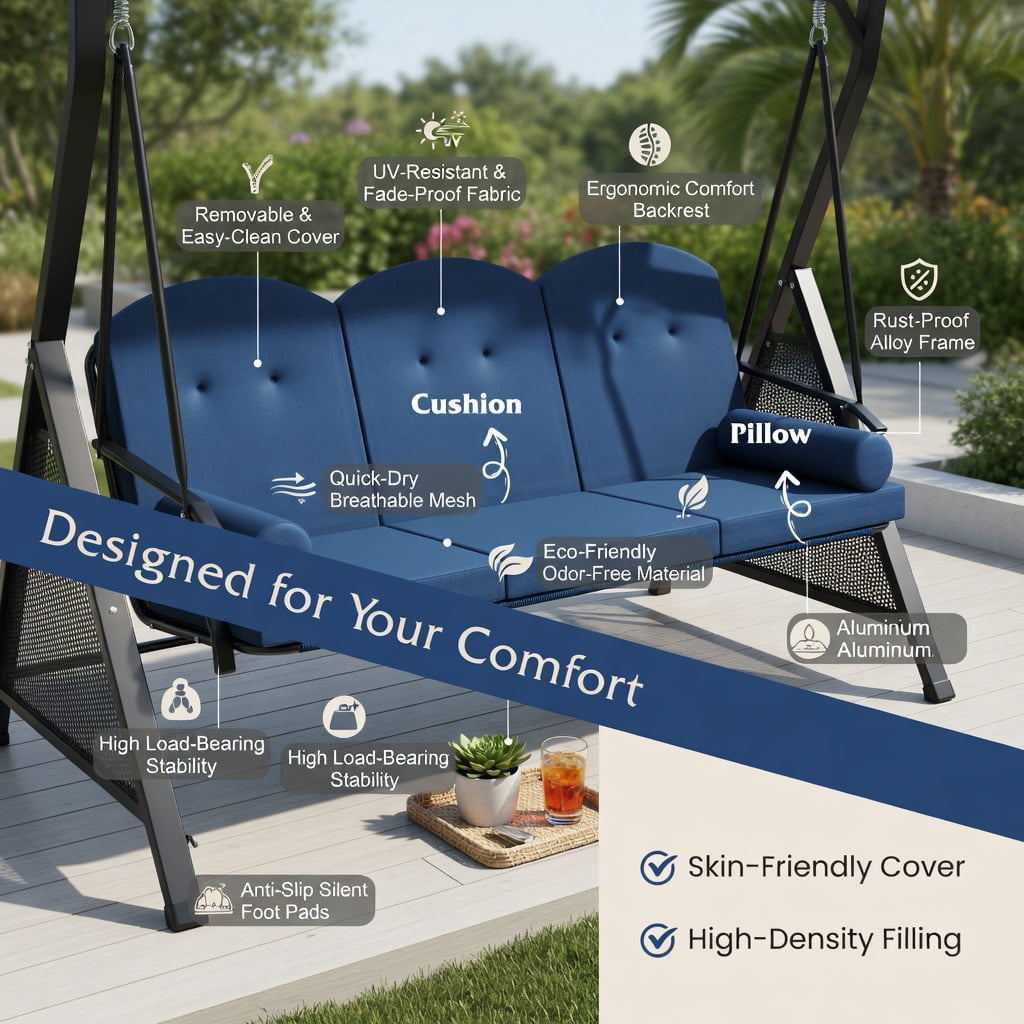 Hommoo 3-Person Outdoor Patio Swing Chair with Adjustable 60° Canopy, Thick Cushions, Foldable Side Trays & Heavy-Duty Steel Frame, Navy