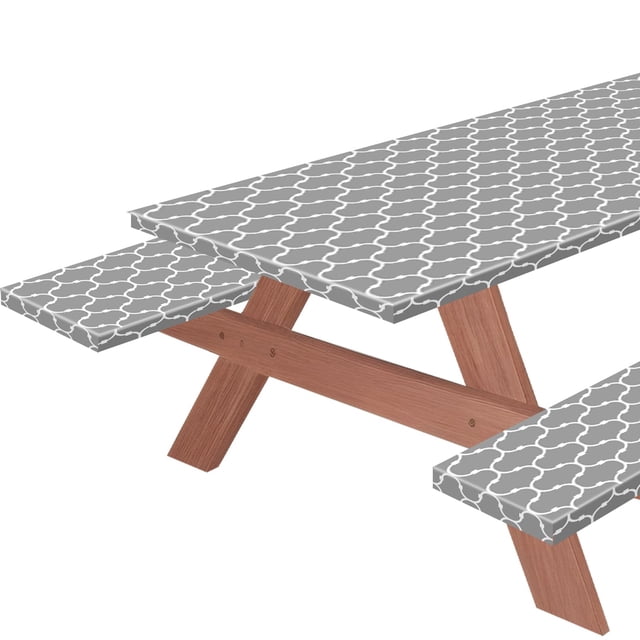 3 PCS Picnic Table Cover with Bench Covers Waterproof Camping Tablecloth Flannel Backing Elastic Edge Wipeable Plastic Cover Vinyl