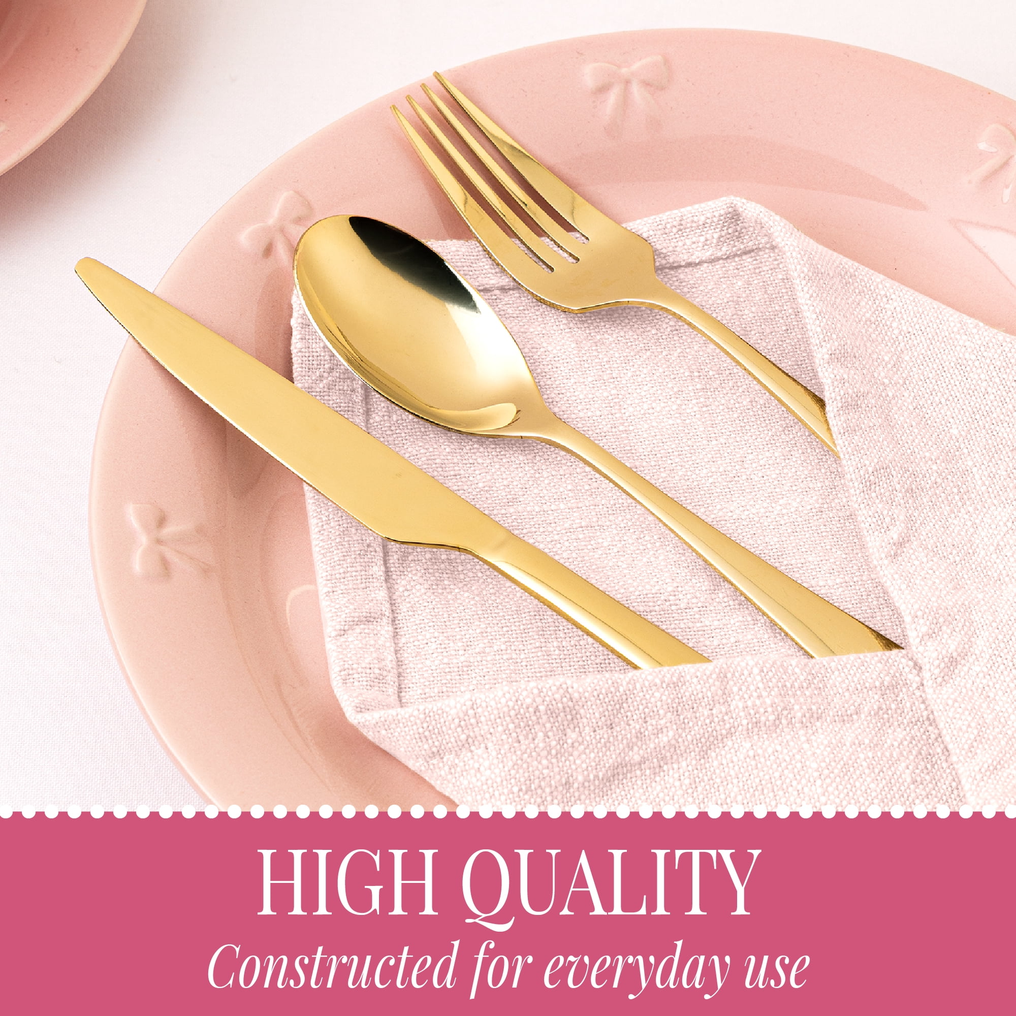Paris Hilton 20-Piece Stainless Steel Flatware Set, Service for 4, Dinner Forks, Salad Forks, Dinner Knives, Teaspoons & Dinner Spoons, Gold with Bow Detail
