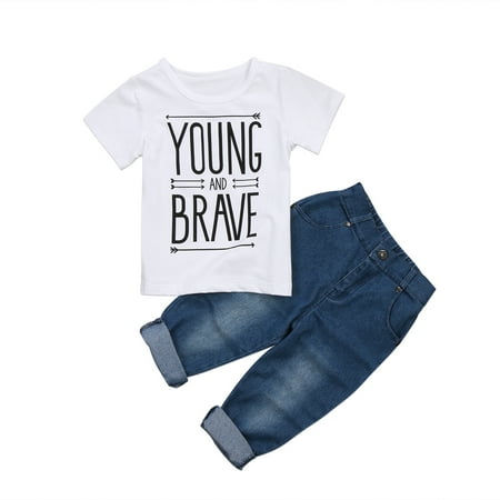 

Kiapeise 2Pcs Little Boy Print Short Sleeve T-shirt + Denim Trousers Outfits