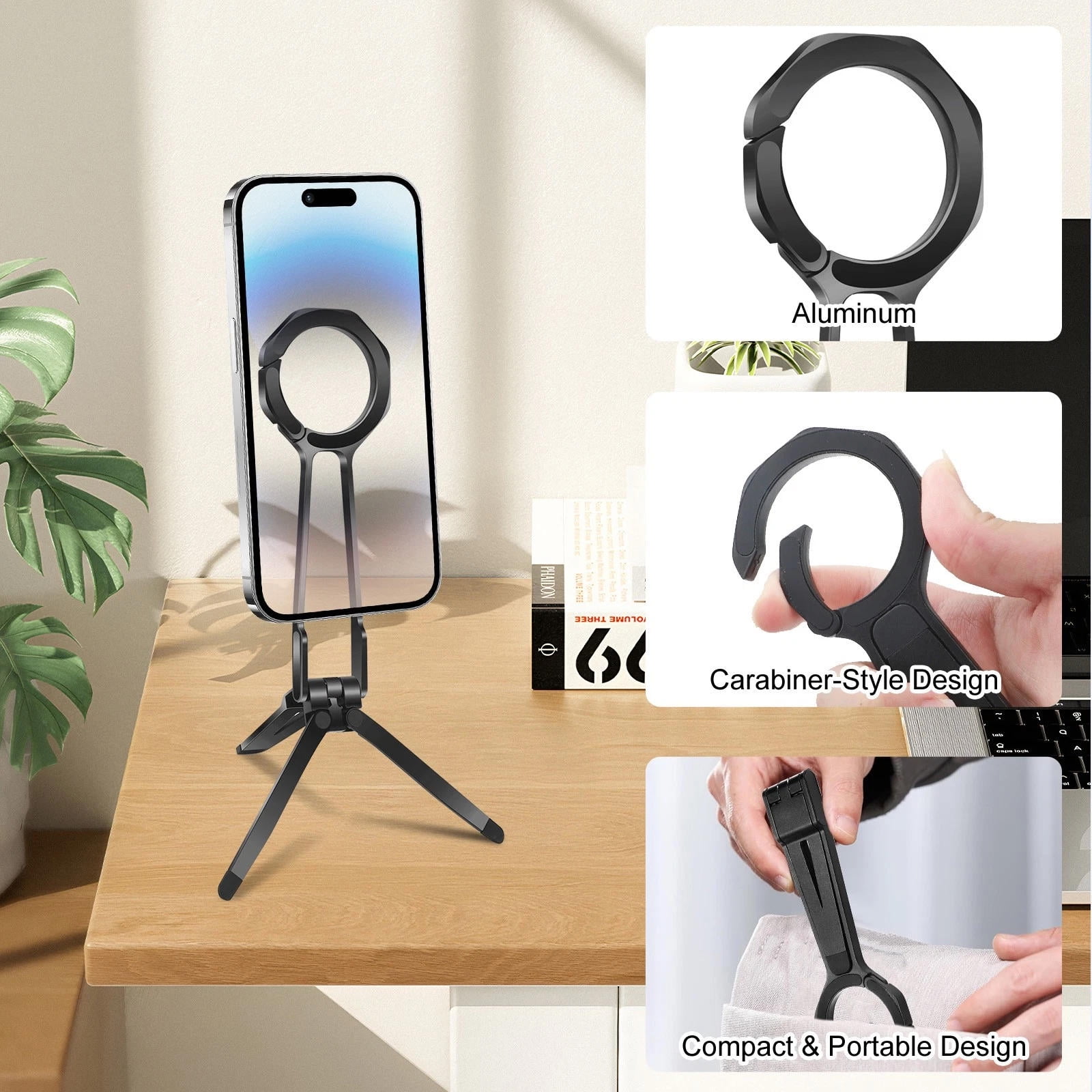 GUYUTING Foldable Phone Tripod for Phone 15 14 13 12 Pro Max Black Aluminum Alloy Magnetic Mount Vlogging Streaming Movies