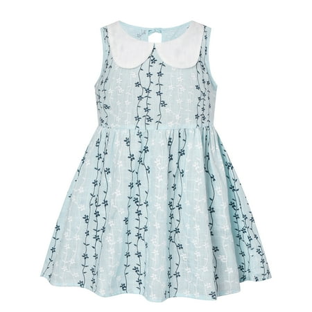 

THE WILD Girls Dresses Kawaii Ruffled Floral Print O-Neck Sleeveless Midi Girls Dresses Light Blue
