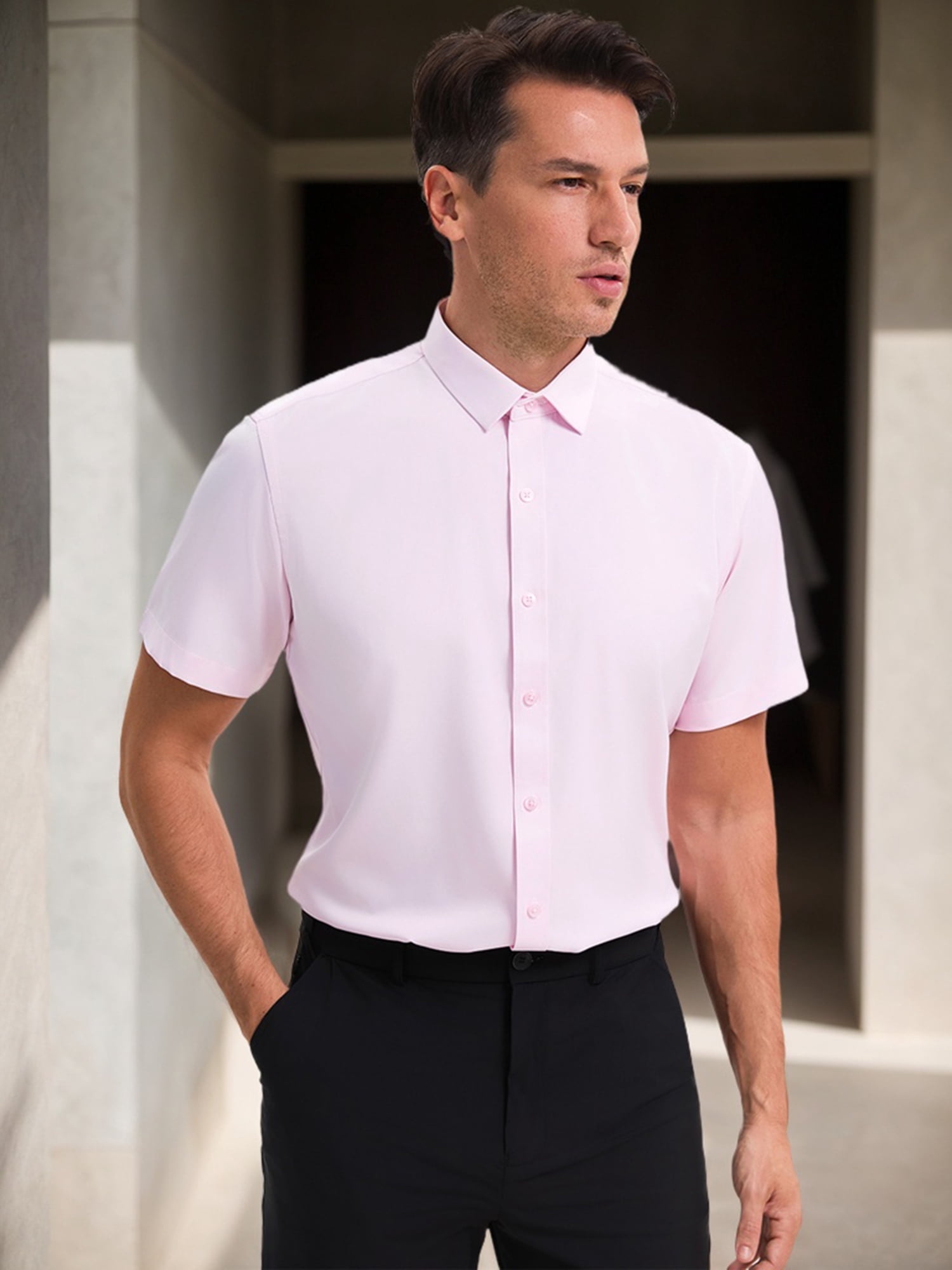 Unique Bargains Men's Short Sleeve Lightweight Business Formal Button Down Shirt XXL Pink