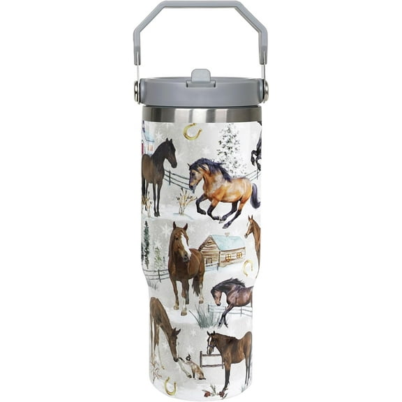 30oz Insulated Stainless Steel Tumbler with Handle and Straw - Leak Proof Travel Mug for Horse Lovers, Horse Themed Gift for Women