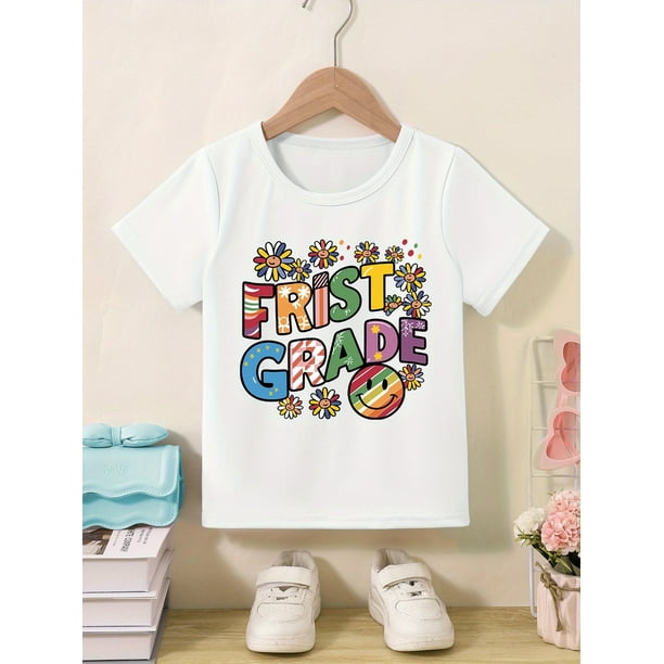 Camiseta gráfica de primer grado para niñas - Camiseta suave y elástica con diseño de celebración escolar - Ideal para fiestas de cumpleaños y ropa informal - Lavable a máquina, estampado vibrante,