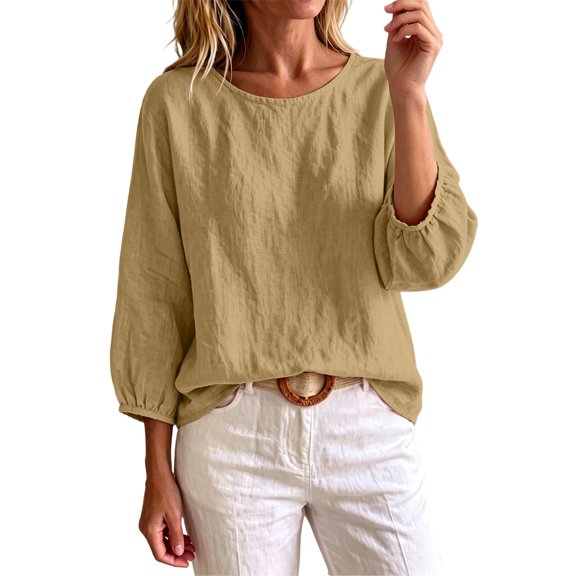 CQONEPT Cotton Linen Shirts for Women Puff 3/4 Sleeve Crewneck Blouse Casual Loose Fit T Shirt Gauze Tunic Tops for Fall Khaki L