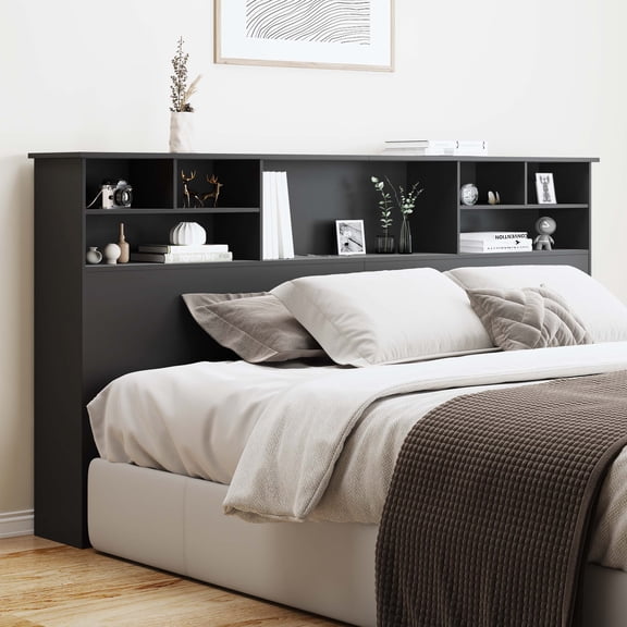 Someet Headboard for Queen Size with Storage, Bookcase Headboards with USB & Type-C Port & Power Outlets & 2 LED Lights, Durable and Sturdy, Black