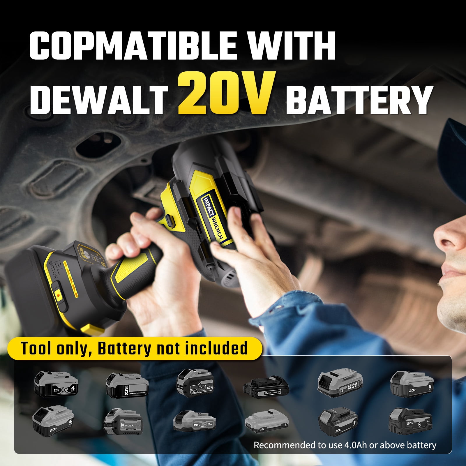 Cordless 1/2" Impact Wrench for DEWALT 20V Battery (no battery), 1200N.m / 900 ft-lbs Impact Driver, 3-Speed Electric Impact Gun, Tool Only with 6 Sockets