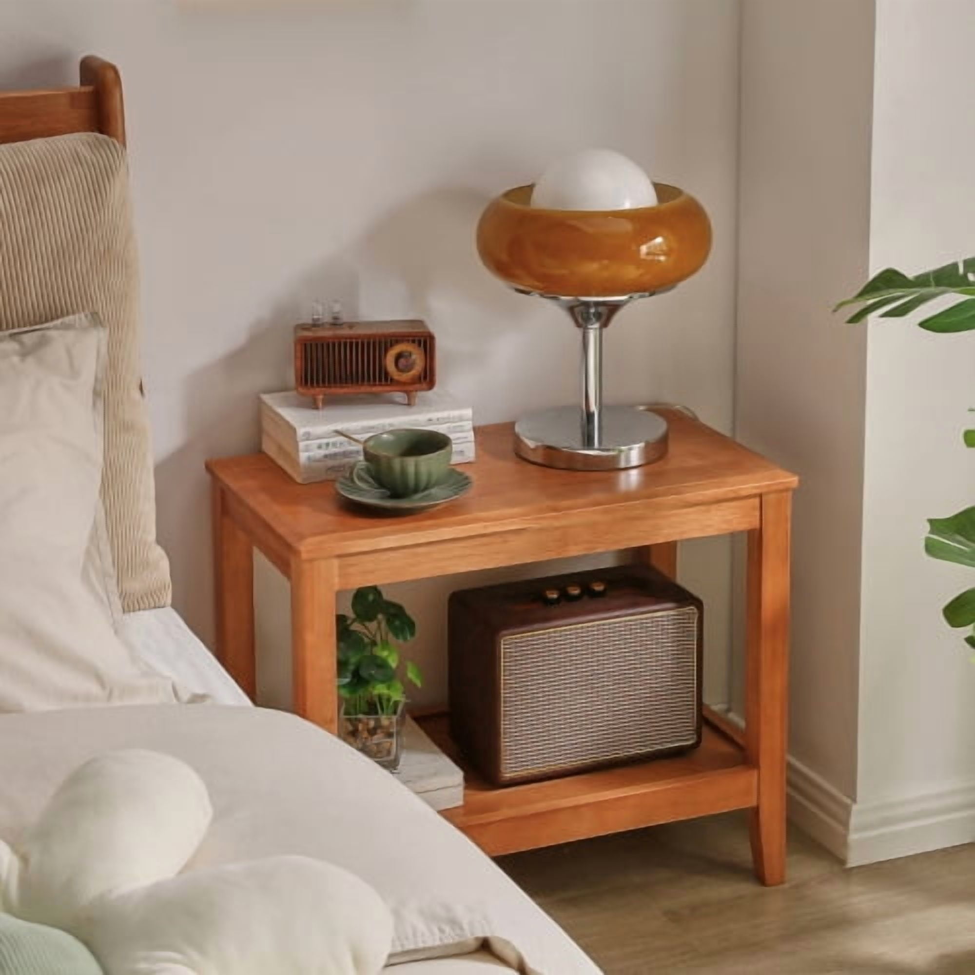 Solid Wood Rustic Side Table, 2-Tier End Table with Shelf, Rubberwood Sofa Table for Living Room, Cherry
