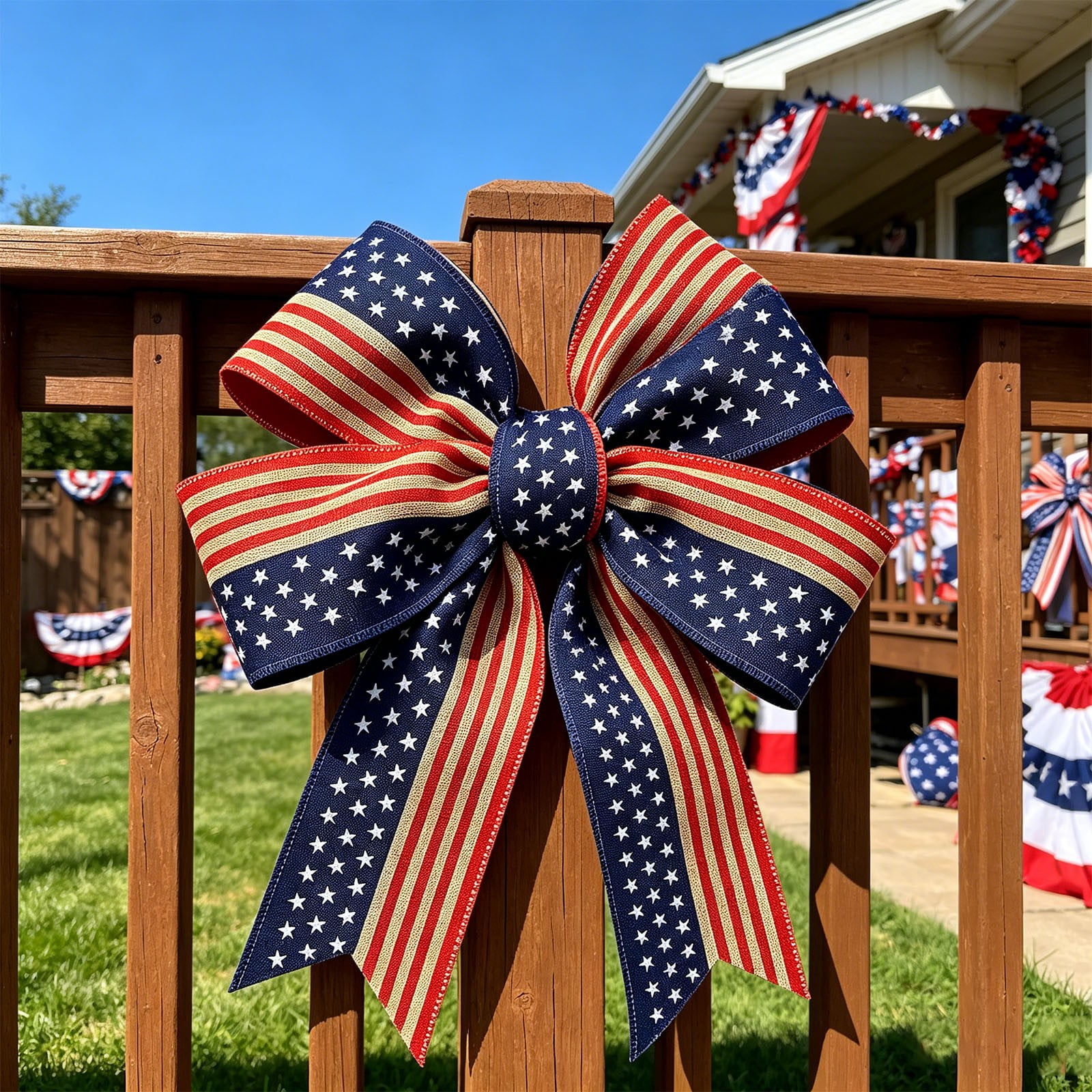 Gnwei 2.5 Inches x 10 Yards Red White Blue Patriotic Glitter Wired Ribbon – Gold Stars and Stripes Design (Striped Star) – 4th of July Ribbons for Holiday Decorations