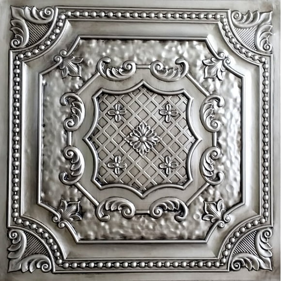Drop-In, Glue-Up 2'x2' Faux Tin PVC Ceiling Tile In Antique Silver, Pack 0f 10 (40 sq/ft.)