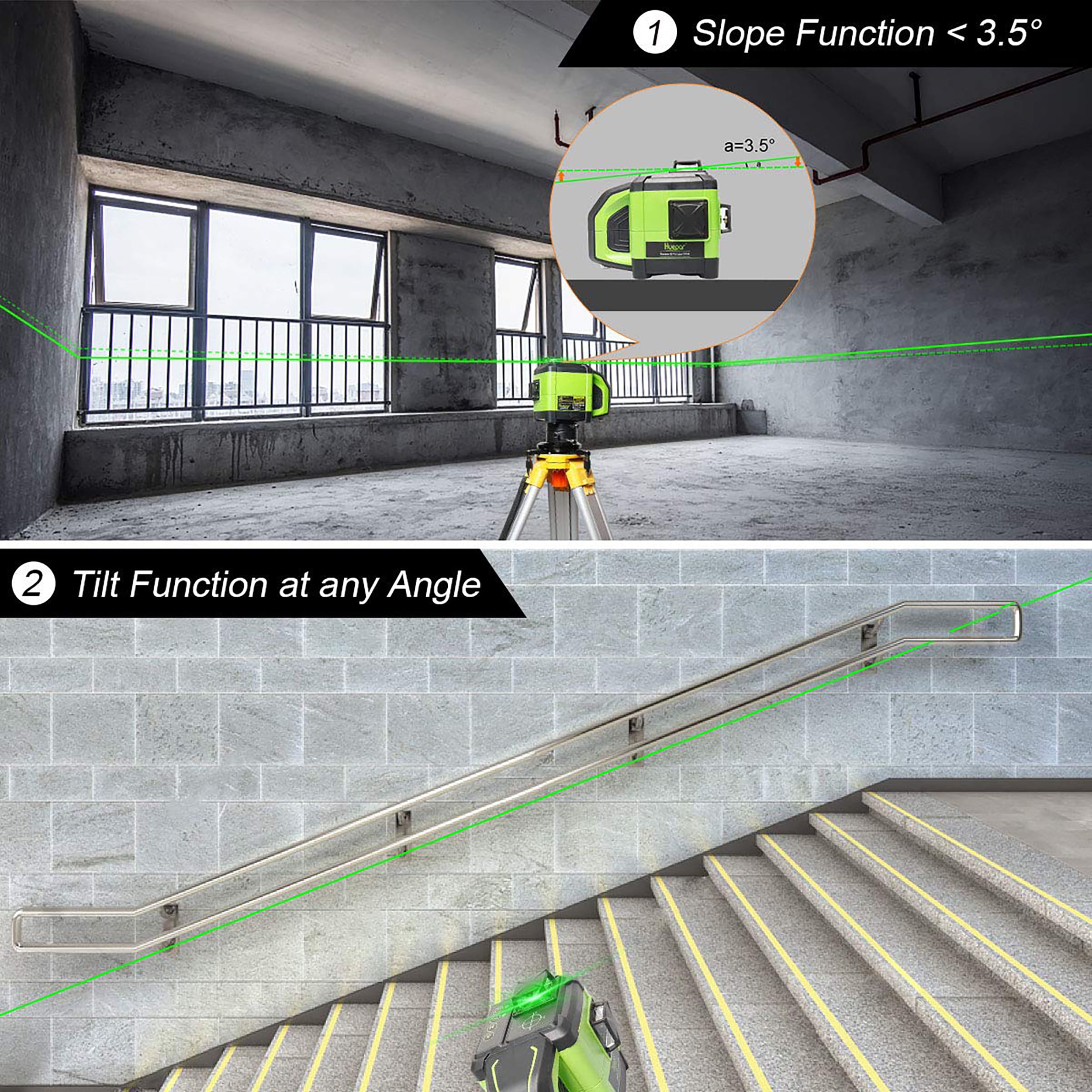 Huepar DT03CG 3D Cross Line Laser Level, Green Beam — 200 ft Range, 3 × 360° Self-Leveling, Includes Laser Receiver, Metal Base, Rechargeable Battery
