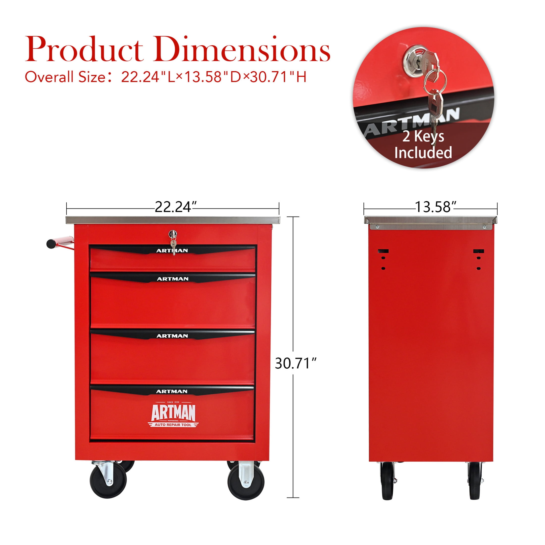 Noble House 4-Drawer Rolling Tool Organizer Cart, Steel Mobile Chest Storage with Worktop for Garage Workshop, Red