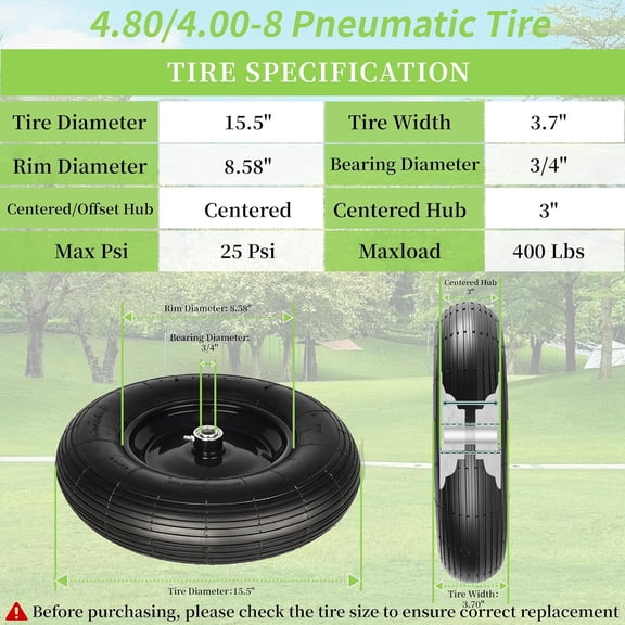 (2 Pack) 4.80/4.00-8 Tire and Wheel, 16" Pneumatic Wheelbarrow Tires with 3" Centered Hub and 3/4" Bearings (Comes with 5/8" ID Iron Tube Adapter), for Wheelbarrow, Garden Cart, Trailer and More