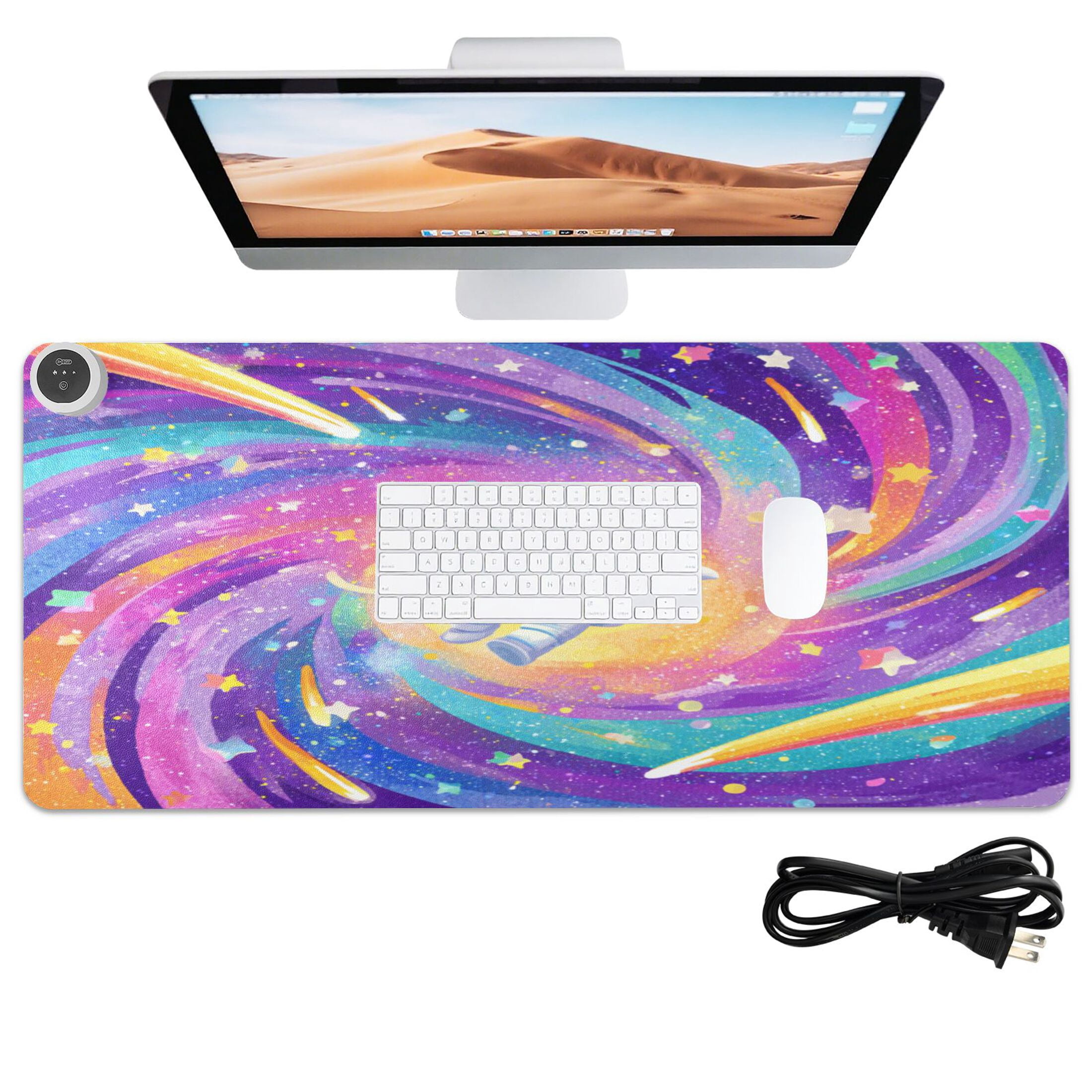 Large Heated Desk Mat Mouse Pad 31.5"x13"PU Leather Graphene Heating Desk Warmer with 3 Temperature Settings 110V US Plug Non-Slip Warm Pad for Home, Office, and Gaming Rainbow Galaxy Astronaut Art