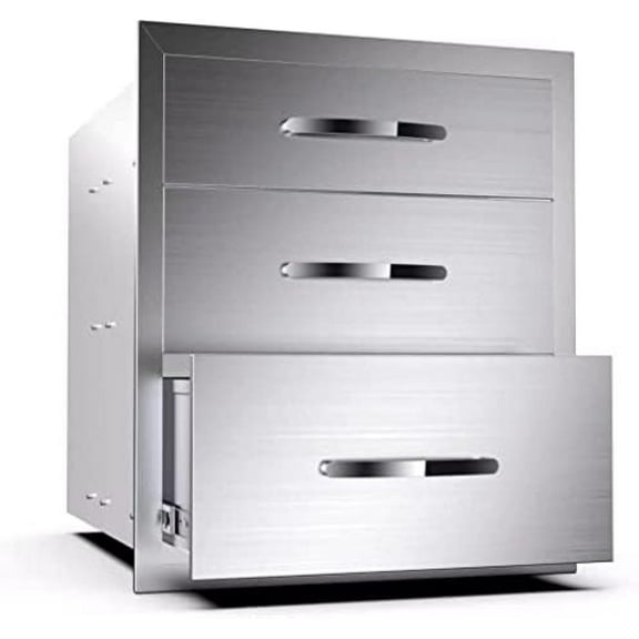 Stainless Steel Outdoor Kitchen 3-Drawer BBQ Drawer - Built-in, Flush Mount - 16Wx23Dx21H