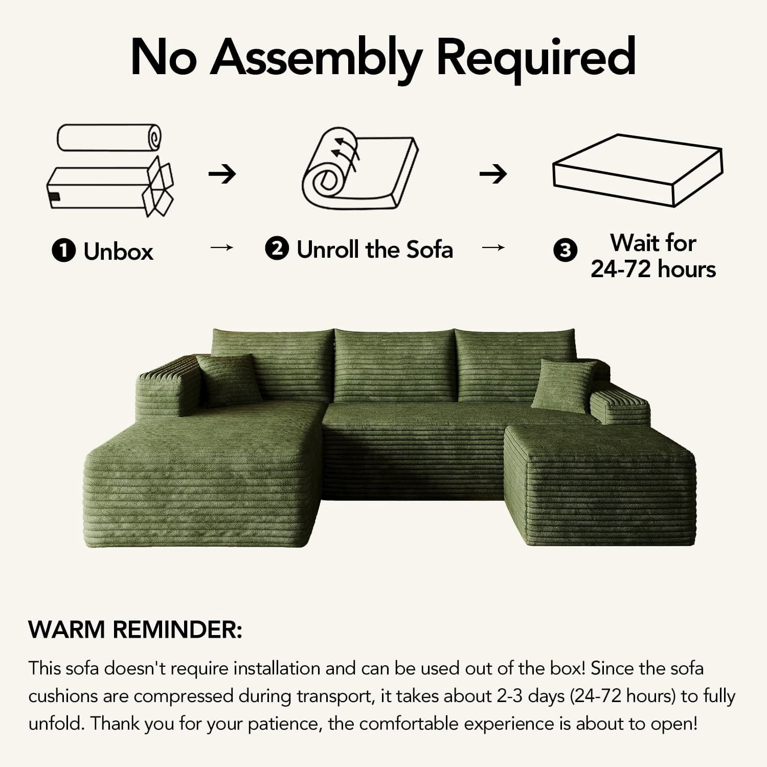 MOONMISS Small Modular Sectional Sofa with Movable Chaise and Ottoman,U-Shaped Boneless Cloud Couch for Living Room Apartment,Green(Left Facing Chaise)