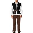 thumbnail image 2 of JOANKDMI 4 Piece Mens Medieval Renaissance Role Play Costume Lace Up Vest Jacket Long Sleeve Shirt and Straight Leg Loose Fit Pants with Matching Belt Halloween Pirate Outfit Set, 2 of 9