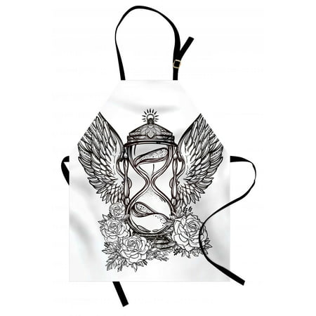 Sketchy Apron Hand Drawn Romantic Hourglass Figure with Wings and Roses Mystic Time Theme Symbol, Unisex Kitchen Bib Apron with Adjustable Neck for Cooking Baking Gardening, Black White, by