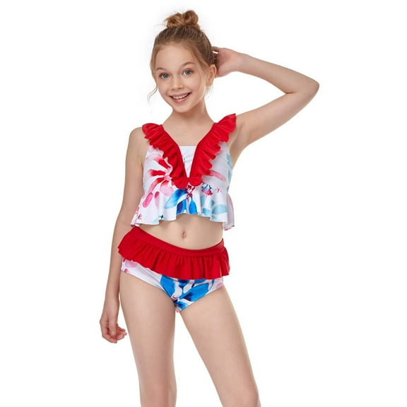 uublik Toddler Kids Baby Girls 2 Piece Swimsuit Summer Ruffled High Waist Bikini Print Split Swimsuit, Sizes 2M-12