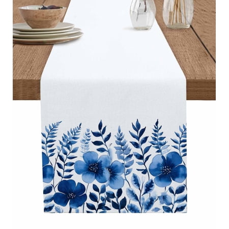 Blue Spring Floral Table Runner 60 Inches Watercolor Blooms Botanicals Bed Runner Dresser Scarves Tabletop for Indoor Outdoor Parties/Ceremony/Banquet 13 x 60