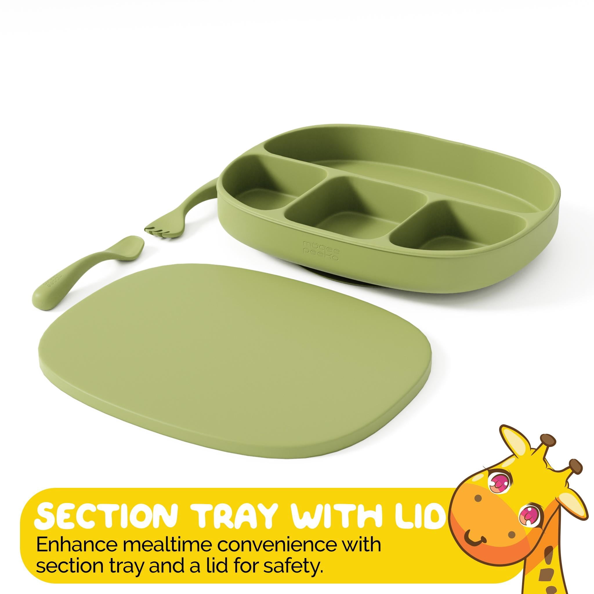 Muqee Peeko Baby Feeding Set Green Tray with Sections and Utensils 3 Piece
