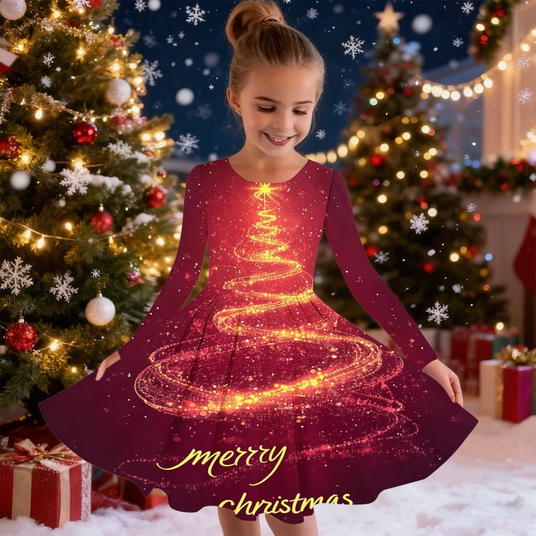 christmas recital dress SuTry Girls Printed Long Sleeve Twirly Skater School Long Sleeve Round Neck Dress for Kids 4-15 Years(Multicolor#1,6-7 Years) Cinderella Pageant interview Dress