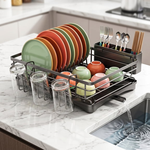 Large Dish Drying Rack with Self-Draining Design, Stainless Steel Dish Drainer Max Capacity for Plates Bowls Cups, Includes Utensil Holder & Cup Holder, 16.7" x 11.8" x 5.7" – for Counter