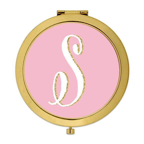 Koyal Wholesale Gold Compact Mirror Bridesmaid's Wedding Gift, Blush Pink Faux Gold Glitter, Monogram Letter S, 1-Pack