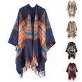 thumbnail image 2 of Xfvqtps Women Cape Color Blocking Open Front Fringed Hem Wool Plaid Large Size Comfortable Soft Loose Windproof Coldproof Warm Winter Shawl Wraps Navy, 2 of 2