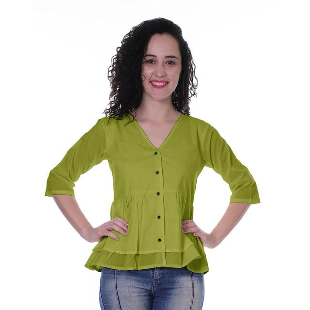 Moomaya Blouse Ethnique en Coton Peplum Col en V pour Femmes